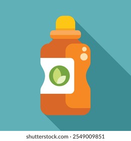 Orange plastic bottle with yellow cap containing bio product with green leaves on white label on blue background