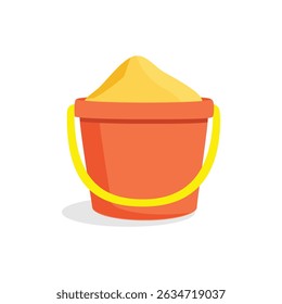 Orange plastic bucket with sand isolated on white background. Summer holidays, vacation concept. Children play on beach. Recreation and entertainment. Cartoon kid toy bucket