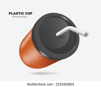 Orange plastic cup with a black lid and a straw plugged in,vector mock up,vector 3d isolated on white background for food and drink advertising design