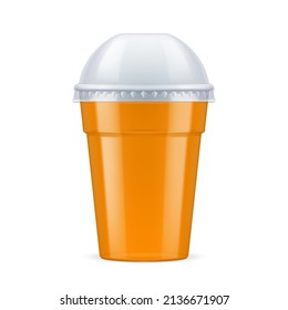 Orange Plastic Cup with Lid For Single Use. Disposable Container Mockup for Drinks Isolated on White