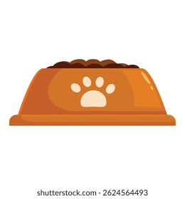 Orange plastic dog bowl full of dry food, decorated with a white paw print, isolated on white background