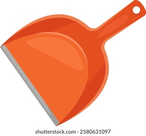 Orange plastic dustpan resting on a white background, featuring a metal edge for effective collection of dust and debris, making cleaning tasks easier and more efficient