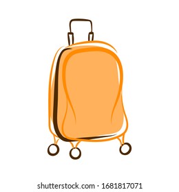 Orange plastic luggage suitcase with wheels and a retractable handle isolated on a white background. Baggage bag for vacation journey. Cartoon vector illustration for design banners, flyers, web