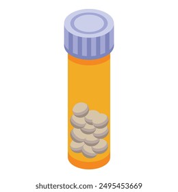 Orange plastic pill bottle holding a stack of white pills shown in an isometric view