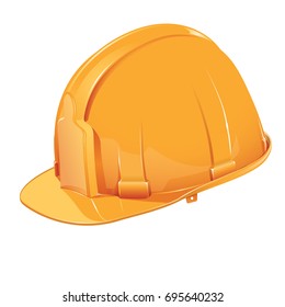 Orange plastic protective helmet drawn in a realistic style isolated on a white background. The element of the protective clothing of the builder or architect. Vector cartoon close-up illustration.