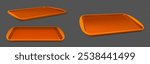 Orange plastic serving trays with textured non slip surface from different angles of view. Rectangular cafeteria food containers mockup with raised edges and pattern on base for carrying lunch.