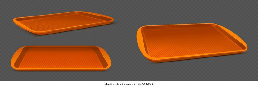 Orange plastic serving trays with textured non slip surface from different angles of view. Rectangular cafeteria food containers mockup with raised edges and pattern on base for carrying lunch.