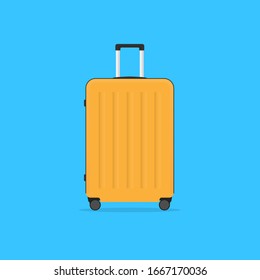 orange plastic travel suitcase with wheels and a telescopic handle. baggage icon. Vector flat illustration isolated on a blue background.