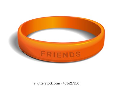 Orange plastic wristband with the inscription - FRIENDS. Friendship band isolated on white background. Realistic vector illustration for International Friendship Day