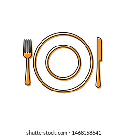 Orange Plate, fork and knife icon isolated on white background. Cutlery symbol. Restaurant sign.  Vector Illustration