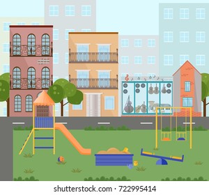 Orange Playground kindergarten city buildings views. Vector flat styles