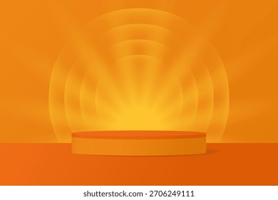Orangefarbenes Podium, abstrakter Hintergrund mit Farbverlauf-Kreisen und radialem Glanz	