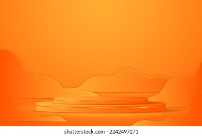 Orange podium with orange curves and elegant gold lines on the back for product presentation. Cosmetic product display. vector illustration	