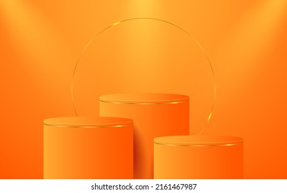 Orange podium with elegant gold lines for product presentation. Cosmetic product display. vector illustration
