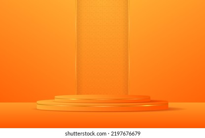 Orange podium with elegant gold lines on the back for product presentation. Cosmetic product display. vector illustration	