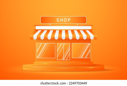 Orangefarbenes Podium mit eleganten goldenen Linien für die Produktpräsentation und ein Geschäft im Hintergrund. Einkaufskonzept oder Online-Shop. Vektorgrafik