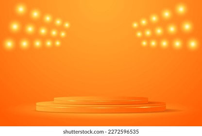 Orange podium with elegant gold lines and spotlights shining down for product presentation. Display of cosmetic products. Stage or podium. vector illustration	