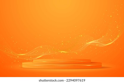 Podio anaranjado con elegantes líneas de ondas doradas en la parte posterior para la presentación del producto. Presentación de productos cosméticos. Etapa o podio. ilustración vectorial	
