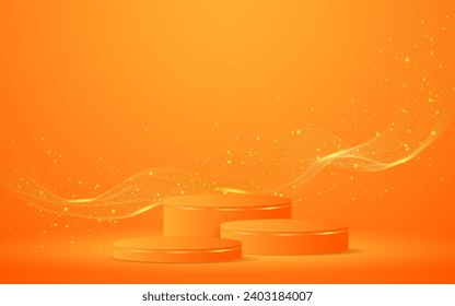 Podio anaranjado con elegantes líneas de ondas doradas en la parte posterior para la presentación del producto. Presentación de productos cosméticos. Etapa o podio. ilustración vectorial	