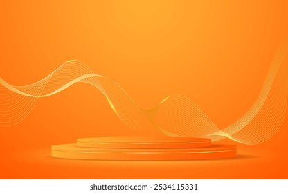 Orange podium with elegant gold wave lines on the back for product presentation. Display of cosmetic products. Stage or podium. vector illustration	