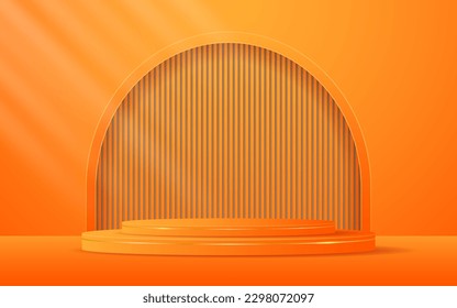 Orange podium with elegant golden lines with minimal window backdrop for product presentation. Display of cosmetic products. Stage or podium. vector illustration
