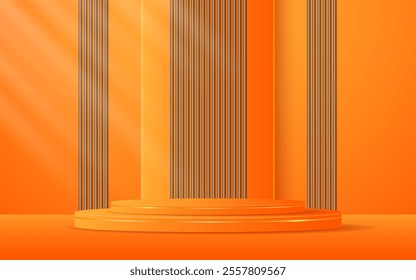 Orange podium with elegant golden lines with brown slatted backdrop for advertisement display. Display of cosmetic products. stage or podium. vector illustration	