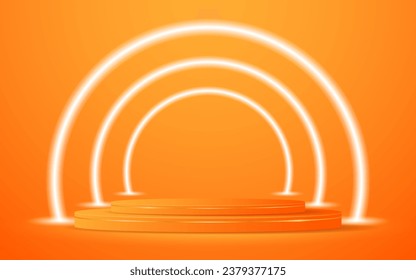 Orangefarbenes Podium mit einer leuchtenden weißen Kreislinie auf der Rückseite zur Produktpräsentation. Darstellung kosmetischer Mittel. Stadium oder Podium. Vektorgrafik	