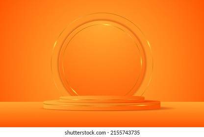 Orange podium has a circular shape and gold lines on the back for product presentation. Cosmetic product display. vector illustration