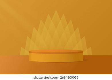 Podio naranja sobre un fondo geométrico con forma de cristal y rayos de luz