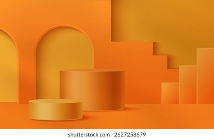 Orange podium setup - cylindrical pedestals of different heights in bright color with minimalistic geometric shape composition on wall for product display. Presentation abstract interior stage design.