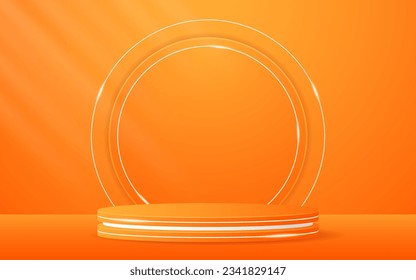 Podio anaranjado con líneas blancas y un círculo naranja en la parte posterior para la presentación del producto. Presentación de productos cosméticos. estadio o podio. ilustración vectorial