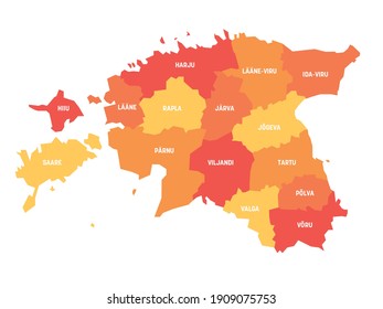 Mapa político naranja de Estonia. Divisiones administrativas - condados. Mapa simple de vector plano con etiquetas.