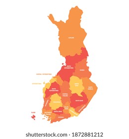 Orange political map of Finland. Administrative divisions - regions. Simple flat vector map with labels.