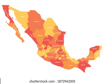 Orange political map of Mexico. Administrative divisions - states. Simple flat vector map with labels.