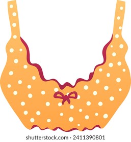 Orange polka dot bikini top, summer swimwear fashion. Women's beach clothing vector illustration.