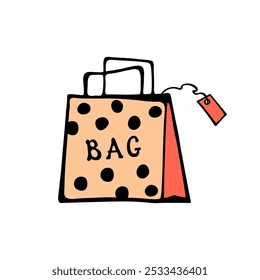 Orange polka dot gift bag. Bags for fashion ads, seasonal sales, and store promotions. Sketch illustration. Vector image.
