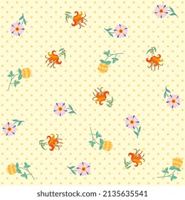 Orange polka dot pattern on a light yellow background is decorated with small elegant flowers - cinquefoil, lilies, clover. Romantic seamless print for fabric. Natural pattern in vector.