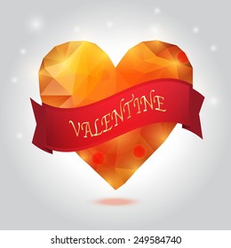 Orange polygon heart on the shiny background with red ribbon. Vector illustration. Low poly style