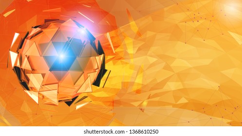 Orange polygonal abstract triangle sphere combination glowing on orange polygonal flow background graphic template