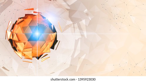 Orange polygonal abstract triangle sphere combination glowing on light brown polygonal background graphic template