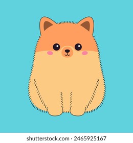 Orange Pomeranian Spitz dog sitting. Puppy face head line contour silhouette icon. Doodle animal pet icon. Cute kawaii cartoon funny character. Adopt concept. Flat design. Blue background. Vector