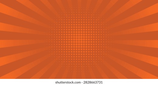 Orange pop art comic background with sunburst and halftone dot pattern vector illustration