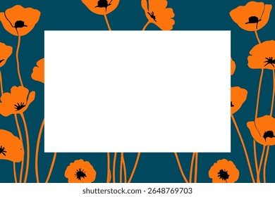 Orange poppy border vector illustration with bold contrast design and blank center for text, place for a text