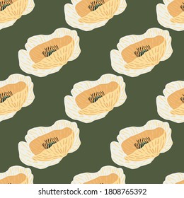 Orange poppy buds silhouettes seamless pattern. Green background. Stylized floral artwork. Designed for wallpaper, textile, wrapping paper, fabric print. Vector illustration.