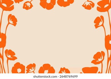 Orange poppy flower frame vector illustration with elegant floral design on beige background, place for a text