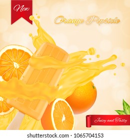 Orange popsicle ads. Popsicle and orange fruit with splashing juice on a orange background. EPS10 vector