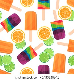 Orange popsicle, fruit popsicle, cut orange and lime seamless pattern. Flat vector illustration.