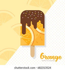 Orange popsicle. Healthy fruit popsicle with chocolate cream, jimmies sprinkles topping. Summer refreshing snack.