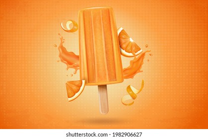 Orange popsicle stick ice cream with orange fruit pieces and juice splash vector illustration