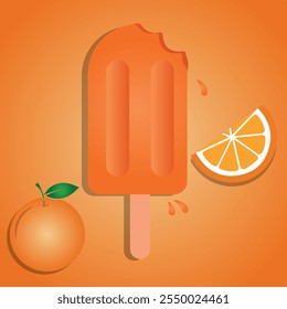 Orange popsicle stick ice cream with orange fruit pieces and Orange fruit vector illustration , All layers are single for any coustomization Eps 10 .